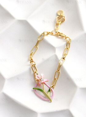 粉色鸢尾花轻朋克锆石绿叶珐琅