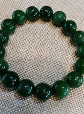 正品天然新疆和田玉碧玉手串12mm16颗圆珠手链带黑点碧玉手串男女