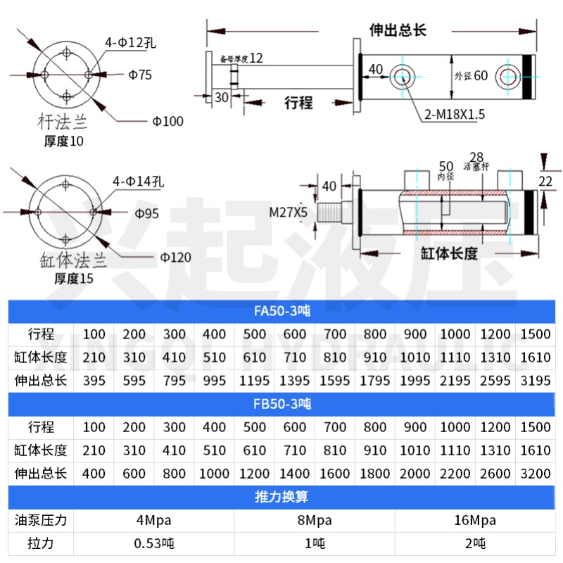 3吨液压缸双向法兰液压油缸2吨油缸非标定制打包机升降机小型油缸 - 图3