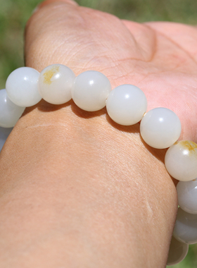 【小胡子玉器】和田玉 籽料 洒金皮 羊脂玉 12mm圆珠 手串