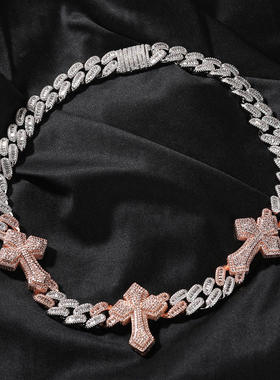 15mm铜镶锆石十字架古巴链hiphop男士街舞炫酷时尚朋克满钻潮项链