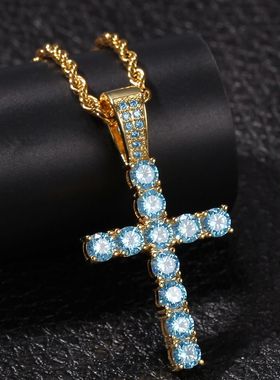 嘻哈蓝钻十字架吊坠项链真金电镀