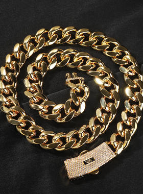 新款镶锆石扣头8-14MM光面古巴链个性潮牌嘻哈项链hiphop说唱手链