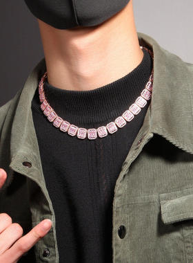 13mm欧美九宫格嘻哈项链时尚粉蓝紫锆石镶镂空手链长方情侣锁骨链