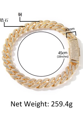 新款20mm铜镶锆石古巴链嘻哈说唱潮流百搭男士项链满钻情侣锁骨链