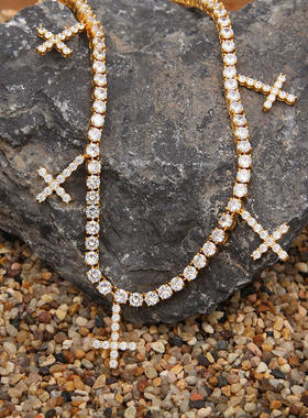 欧美新款嘻哈锆石5mm一排项链十字架挂件个性男士网球链说唱配饰