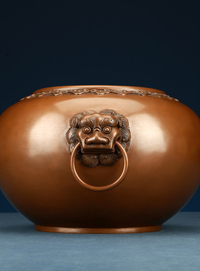 铜欣祥紫铜如意狮首缸摆件家居办公室桌面聚宝盆铜缸工艺品