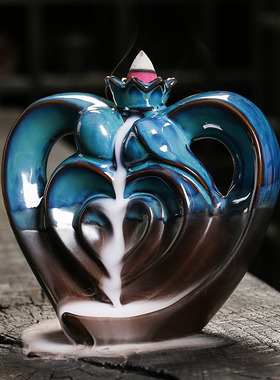 跨境蓝色倒流香炉家居摆件创意陶瓷塔香倒流香香炉情人节家居饰品