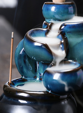 原创陶瓷茶杯左右逢源倒流香炉 创意蓝色香炉倒流家居摆件工艺品