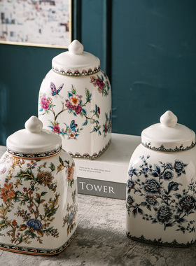 美式陶瓷带盖储物罐茶叶罐家居乔迁装饰欧式复古裂纹瓷将军罐摆件