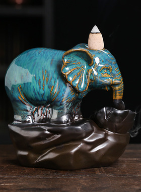 静尘原创陶瓷莲花荷叶倒流烟熏香炉高山流水大象回流香炉家居摆件