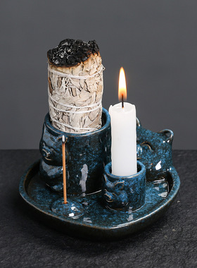 莫兰迪色系烛台北欧风格家居小猪装饰品蜡烛台鼠尾草摆件圣木托盘