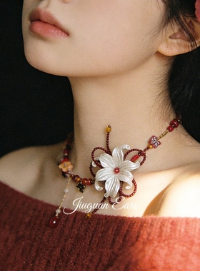 酒馆原创设计复古项链红色婚礼喜庆花朵毛衣链小众秋冬新年