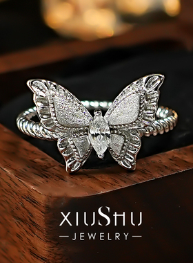 中古风金属拉丝蝴蝶925银戒指