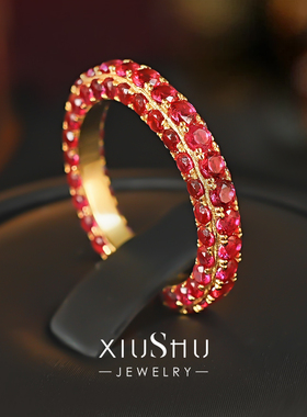 满钻玫红色排钻戒指高贵复古925银镀金轻奢叠戴