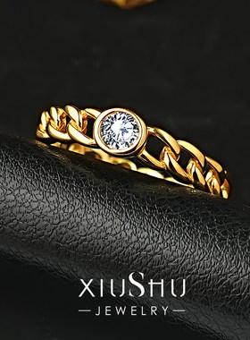 中古风925银古巴锁链圆钻女戒