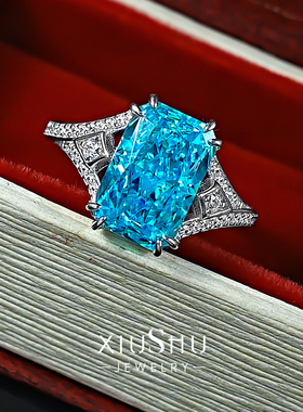 925纯银瑞士蓝爆闪长方彩钻戒指