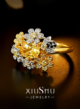 925纯银戒指椭圆黄钻色花戒指