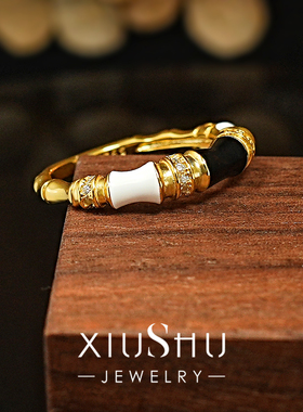 黑白竹节珐琅925银戒指