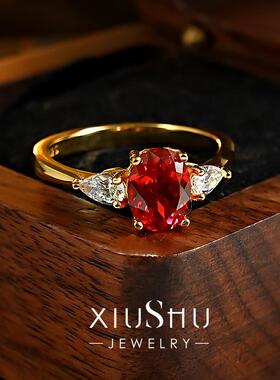 鸽血红满火彩925银戒指女三石款