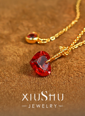 培育红宝石爱心锁骨925纯银项链