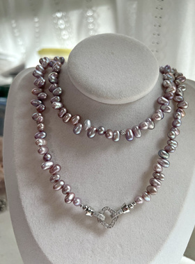 【紫藤恋人】天然淡水仙紫色28孔米型珍珠长款双层项链毛衣链