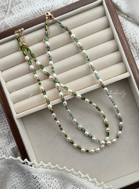 原创设计手工天然淡水珍珠米珠复古高级轻奢小众彩色水晶珠串项链