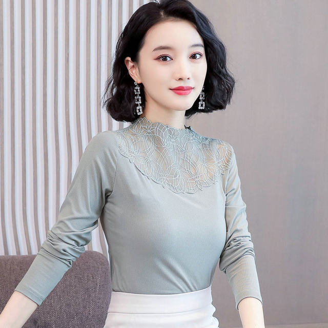 Modal lace stand collar slim fit hollow bottoming shirt