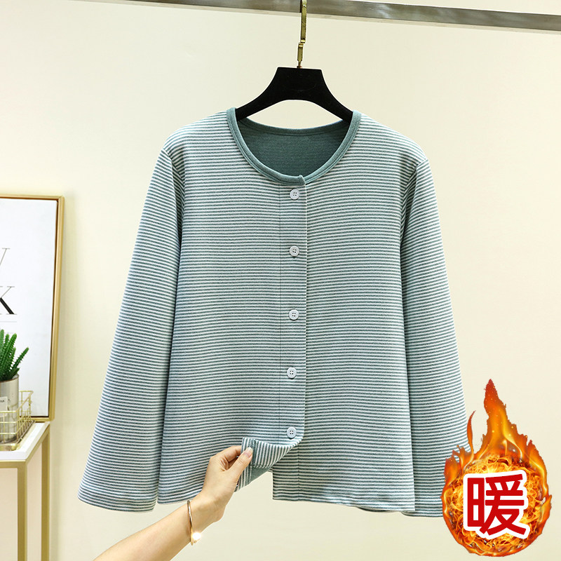 德绒宽松圆领保暖睡衣上装冬季居家加厚单排扣上衣女加绒条纹开衫,淘宝优惠券,粉丝福利购,淘宝优惠卷