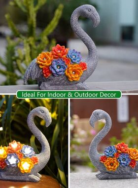 跨境多肉火烈鸟太阳能LED灯装饰品摆件花园阳台庭院工艺品树脂