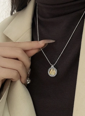 s925纯银黄财神吊坠项链女古法金圆牌高级感首饰民族复古珍珠项链