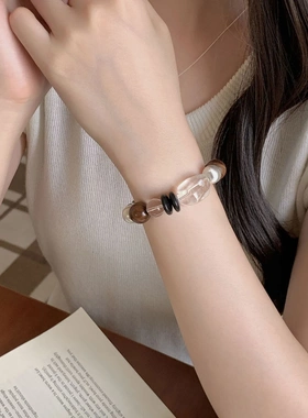 原创999足银天然异形白水晶手链ins小众檀木拉丝圆球手串女手饰