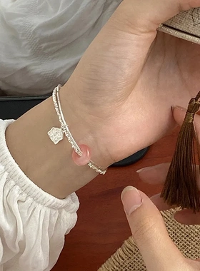 S925纯银碎银子玛瑙手链双层设计时髦轻奢百搭款首饰秋冬新