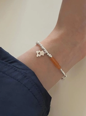 S925纯银轻奢ins风小众设计小熊镂空圆珠竹节手链2022年新款B6677