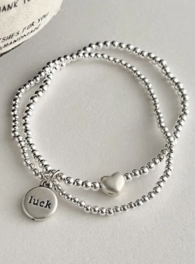 999足银luck爱心圆珠手链女手工弹力绳款设计双层银珠手串