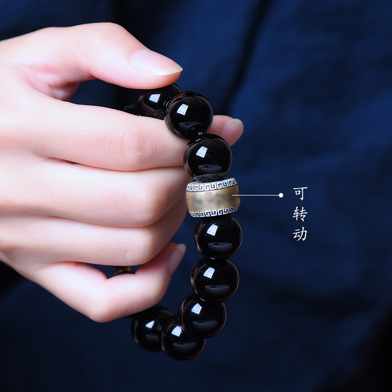 黑曜石手链男十二生肖蛇年属蛇纯银转运珠普贤菩萨本命佛珠手串女