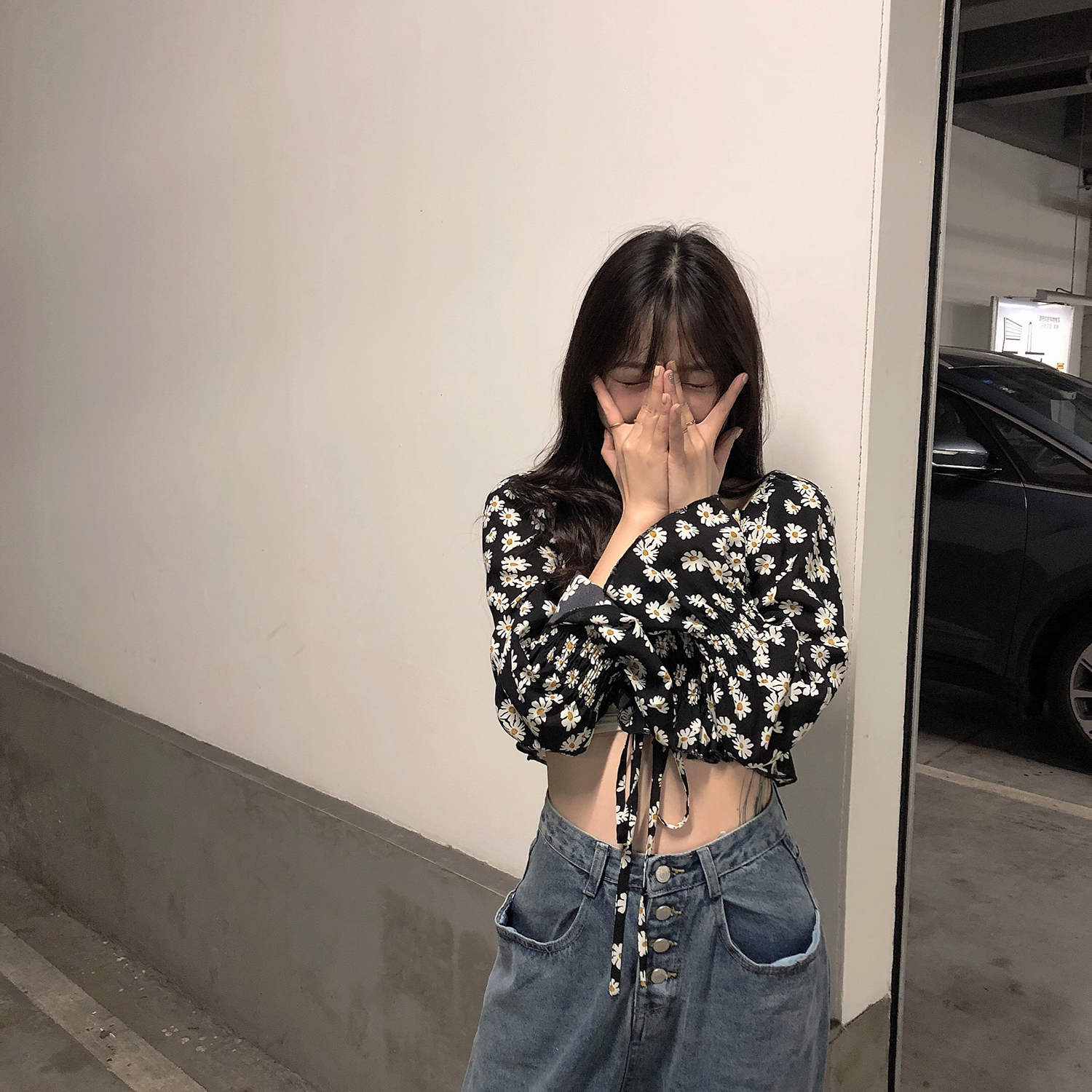 kumayeskumayes 法式方领小雏菊褶皱衬衫春夏泡泡袖短款雪纺上衣女2