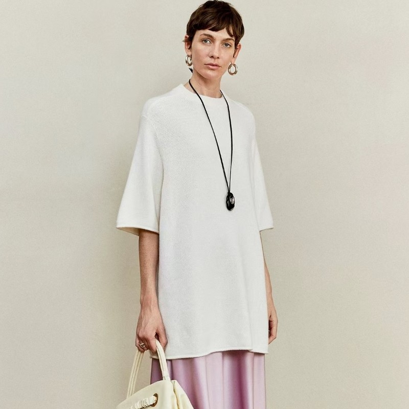 羊范柔糯亲肤山羊绒短袖女宽松廓形设计针织半袖大气简约卷边袖,淘宝优惠券,粉丝福利购,淘宝优惠卷