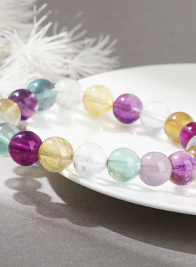 【原矿七彩】天然萤石手链 彩虹色圆珠手串高透晶体 显白轻奢礼物