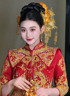 中式新娘结婚头饰古典金色发簪精致流苏减龄秀禾晨袍龙凤褂发饰品