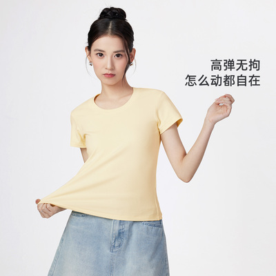 骆驼女装圆领短袖T恤2026夏季新款百搭透气打底正肩棉T休闲上衣女