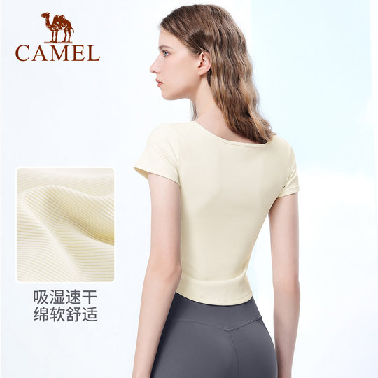 骆驼瑜伽服女款夏季短袖透气速干跑步衣健身衣服上衣薄款运动t恤