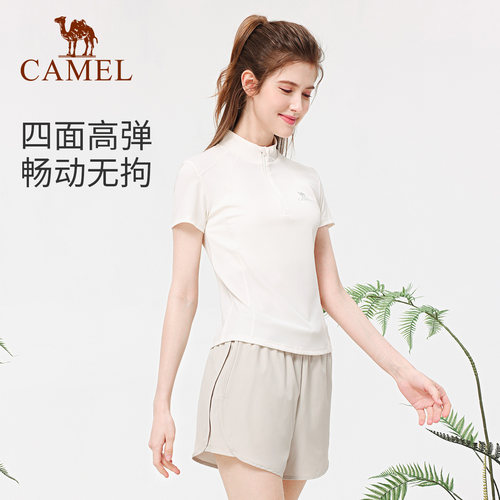 骆驼冰丝瑜伽服上衣女夏季薄款运动服短袖跑步T恤健身服快干衣服 - 图1