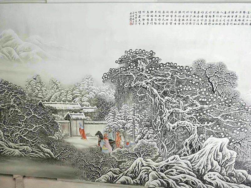 景德镇陶瓷瓷板画壁画中式名家手绘雪景画三顾茅庐超大陶瓷挂画