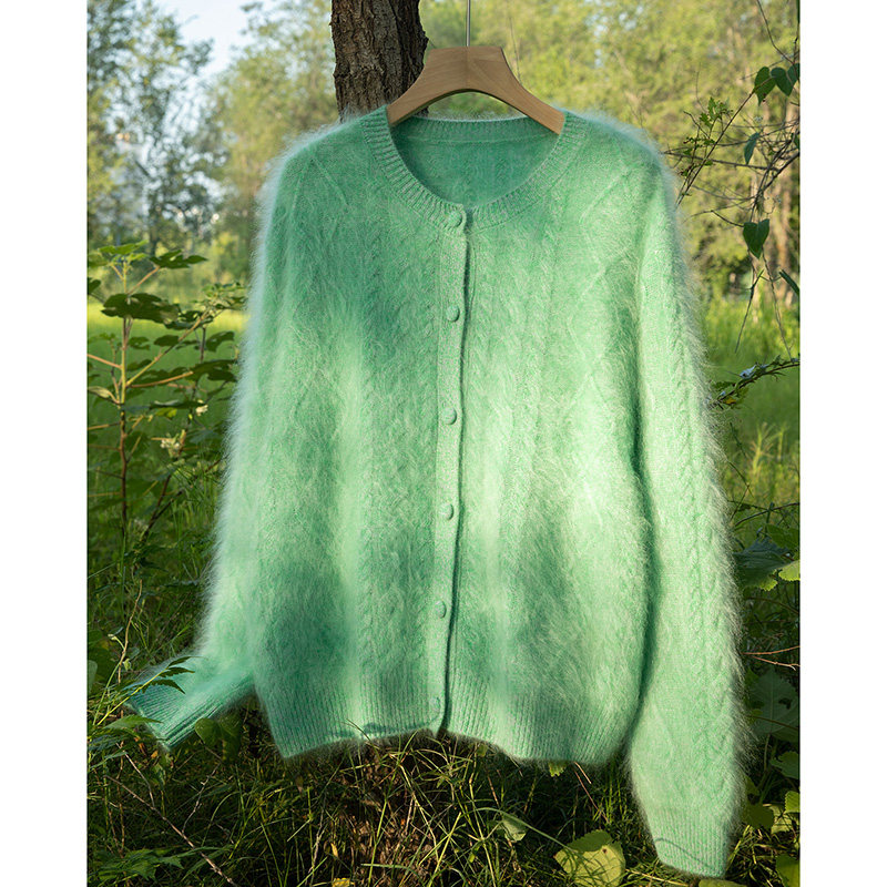 山羊绒花纱绞花开衫女宽松慵懒风圆领纽扣毛绒针织外套加厚,淘宝优惠券,粉丝福利购,淘宝优惠卷