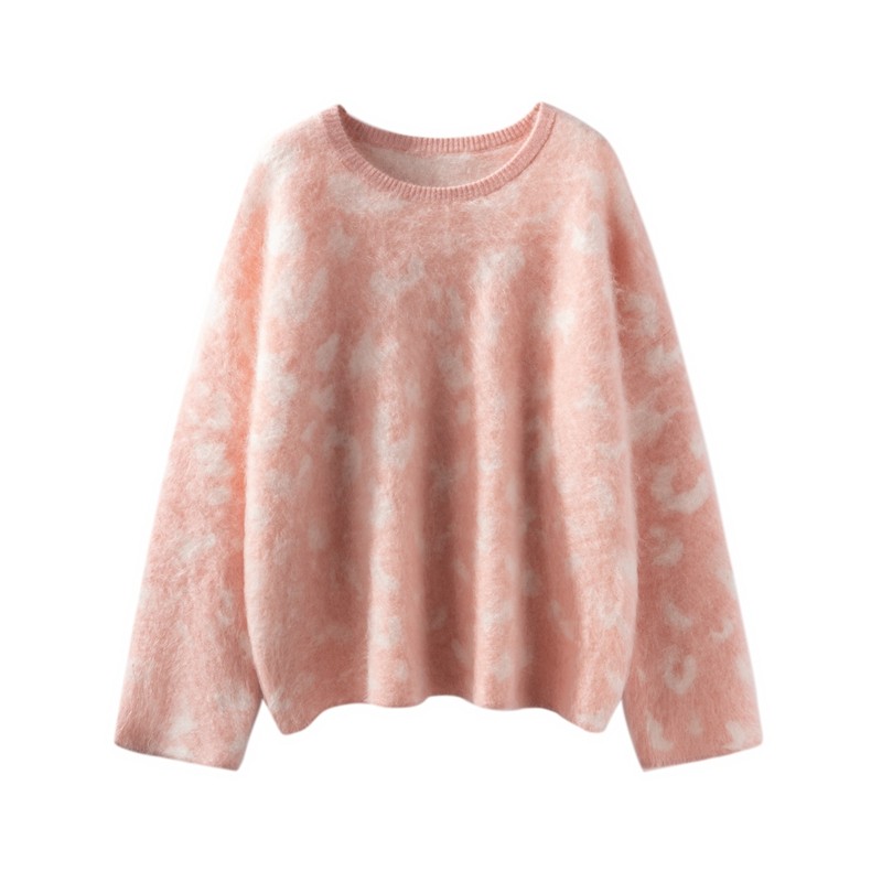 山羊绒拉绒毛衣女拼色圆领提花宽松慵懒风针织衫打底长袖套头,淘宝优惠券,粉丝福利购,淘宝优惠卷