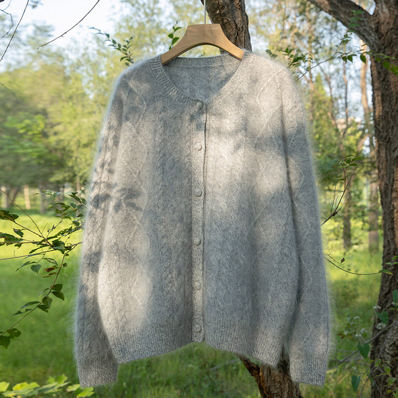 山羊绒花纱绞花开衫女宽松慵懒风圆领纽扣毛绒针织外套加厚,淘宝优惠券,粉丝福利购,淘宝优惠卷