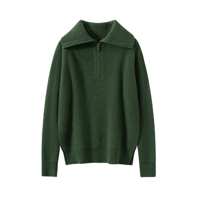 山羊绒衫女下摆开叉翻领半拉链针织套头毛衣百搭通勤风长袖上衣,淘宝优惠券,粉丝福利购,淘宝优惠卷