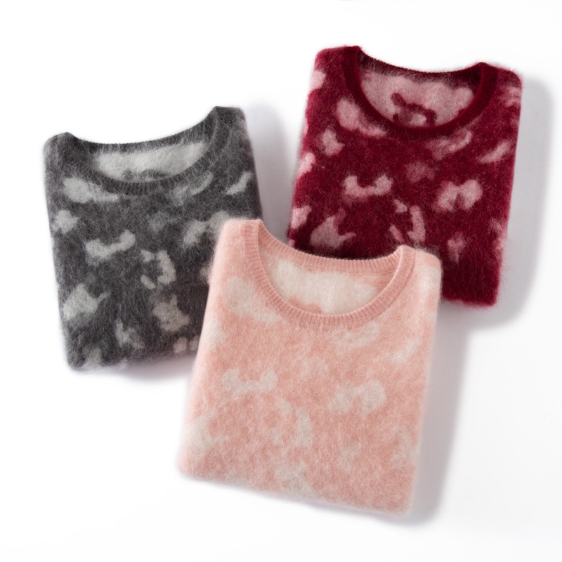 山羊绒拉绒毛衣女拼色圆领提花宽松慵懒风针织衫打底长袖套头,淘宝优惠券,粉丝福利购,淘宝优惠卷