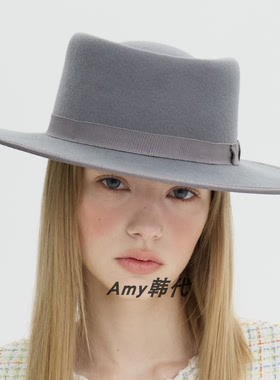 Amy韩国代购秋冬Brown hat  Pork-Pie Flat Top Hat 羊毛平顶礼帽